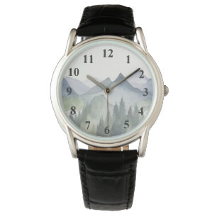 Montre Paysage de montagne aquarelle Pins verts