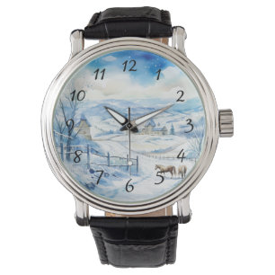 Montre Paysage hivernal avec montagnes et chevaux