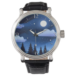 Montre Paysage lunaire avec étoiles et pins 