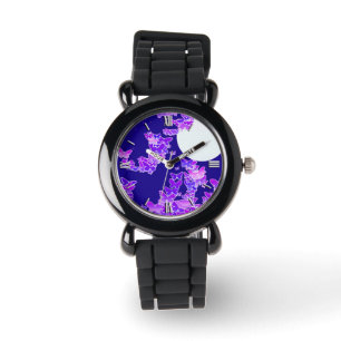 Montre Paysage lunaire avec papillons - lilas, bleu foncé