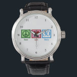 Montre Peace Love 30e anniversaire mignonne fête<br><div class="desc">Une jolie montre du trentième anniversaire. Peace Love Thirty avec le chiffre 30 dans un joli bleu.</div>