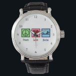 Montre Peace Love Natation Cute Swim Team<br><div class="desc">Peace Love Swimming watch. Ce joli cadeau de natation de Noël comporte un signe de paix,  un coeur et un nageur à une rencontre de natation. Cool équipe de natation coach bristwatch présent.</div>