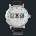 Montre Peace Love Natation Cute Swim Team<br><div class="desc">Peace Love Swimming watch. Ce joli cadeau de natation de Noël comporte un signe de paix,  un coeur et un nageur à une rencontre de natation. Cool équipe de natation coach bristwatch présent.</div>