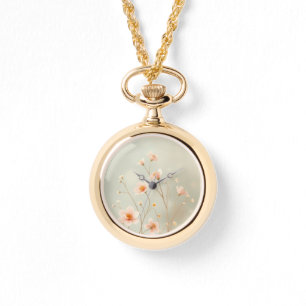 Montre Peach & Green Bokeh Little Flowers Montre-collier