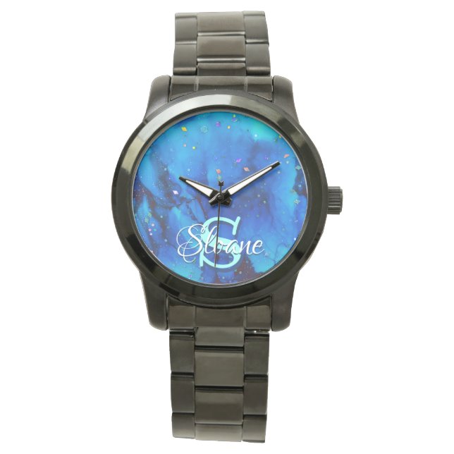 Montre Peinture à l'encre d'alcool sous-marine bleu profo (devant)