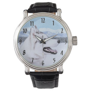 Montre Peinture de chien Husky sibérien (argent et blanc)