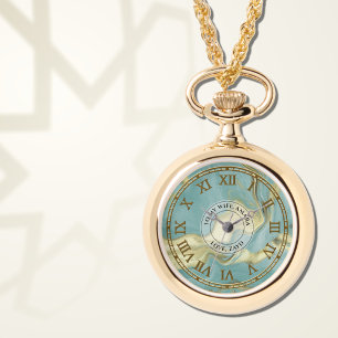 Montre Pendentif en Aqua Marbre avec Chiffres Roma