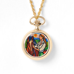 Montre pendentif femme et cheval de style crayon