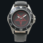 Montre Pentagram Red Devil<br><div class="desc">Pentagramme rouge,  inversé,  texturé en cercle,  sur arrière - plan noir. Symbole occulte 666</div>