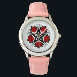 Montre Pentagramme aux roses rouges<br><div class="desc">Pentagramme noir avec motif,  décoré de fleurs,  roses rouges avec feuilles sur arrière - plan blanc. Style tatouage.</div>