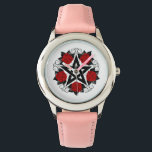 Montre Pentagramme aux roses rouges<br><div class="desc">Pentagramme noir avec motif,  décoré de fleurs,  roses rouges avec feuilles sur arrière - plan blanc. Style tatouage.</div>