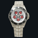 Montre Pentagramme aux roses rouges<br><div class="desc">Pentagramme noir avec motif,  décoré de fleurs,  roses rouges avec feuilles sur arrière - plan blanc. Style tatouage.</div>