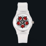 Montre Pentagramme aux roses rouges<br><div class="desc">Pentagramme noir avec motif,  décoré de fleurs,  roses rouges avec feuilles sur arrière - plan blanc. Style tatouage.</div>