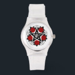 Montre Pentagramme aux roses rouges<br><div class="desc">Pentagramme noir avec motif,  décoré de fleurs,  roses rouges avec feuilles sur arrière - plan blanc. Style tatouage.</div>