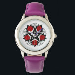 Montre Pentagramme aux roses rouges<br><div class="desc">Pentagramme noir avec motif,  décoré de fleurs,  roses rouges avec feuilles sur arrière - plan blanc. Style tatouage.</div>