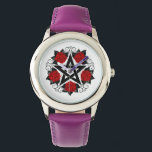 Montre Pentagramme aux roses rouges<br><div class="desc">Pentagramme noir avec motif,  décoré de fleurs,  roses rouges avec feuilles sur arrière - plan blanc. Style tatouage.</div>