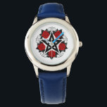 Montre Pentagramme aux roses rouges<br><div class="desc">Pentagramme noir avec motif,  décoré de fleurs,  roses rouges avec feuilles sur arrière - plan blanc. Style tatouage.</div>