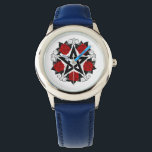 Montre Pentagramme aux roses rouges<br><div class="desc">Pentagramme noir avec motif,  décoré de fleurs,  roses rouges avec feuilles sur arrière - plan blanc. Style tatouage.</div>
