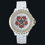 Montre Pentagramme aux roses rouges<br><div class="desc">Pentagramme noir avec motif,  décoré de fleurs,  roses rouges avec feuilles sur arrière - plan blanc. Style tatouage.</div>