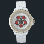 Montre Pentagramme aux roses rouges<br><div class="desc">Pentagramme noir avec motif, décoré de fleurs, roses rouges avec feuilles sur arrière - plan blanc. Style tatouage.</div>