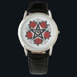 Montre Pentagramme aux roses rouges<br><div class="desc">Pentagramme noir avec motif,  décoré de fleurs,  roses rouges avec feuilles sur arrière - plan blanc. Style tatouage.</div>