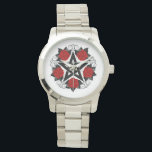 Montre Pentagramme aux roses rouges<br><div class="desc">Pentagramme noir avec motif,  décoré de fleurs,  roses rouges avec feuilles sur arrière - plan blanc. Style tatouage.</div>
