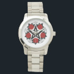 Montre Pentagramme aux roses rouges<br><div class="desc">Pentagramme noir avec motif,  décoré de fleurs,  roses rouges avec feuilles sur arrière - plan blanc. Style tatouage.</div>