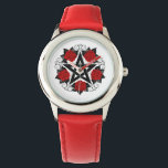 Montre Pentagramme aux roses rouges<br><div class="desc">Pentagramme noir avec motif,  décoré de fleurs,  roses rouges avec feuilles sur arrière - plan blanc. Style tatouage.</div>