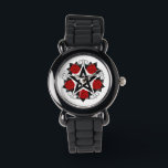 Montre Pentagramme aux roses rouges<br><div class="desc">Pentagramme noir avec motif,  décoré de fleurs,  roses rouges avec feuilles sur arrière - plan blanc. Style tatouage.</div>