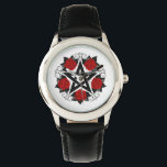 Montre Pentagramme aux roses rouges<br><div class="desc">Pentagramme noir avec motif,  décoré de fleurs,  roses rouges avec feuilles sur arrière - plan blanc. Style tatouage.</div>