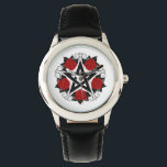 Montre Pentagramme aux roses rouges<br><div class="desc">Pentagramme noir avec motif,  décoré de fleurs,  roses rouges avec feuilles sur arrière - plan blanc. Style tatouage.</div>