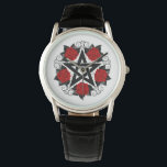 Montre Pentagramme aux roses rouges<br><div class="desc">Pentagramme noir avec motif,  décoré de fleurs,  roses rouges avec feuilles sur arrière - plan blanc. Style tatouage.</div>