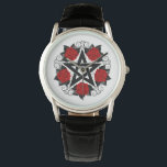 Montre Pentagramme aux roses rouges<br><div class="desc">Pentagramme noir avec motif,  décoré de fleurs,  roses rouges avec feuilles sur arrière - plan blanc. Style tatouage.</div>