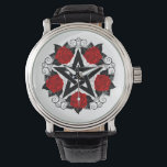 Montre Pentagramme aux roses rouges<br><div class="desc">Pentagramme noir avec motif,  décoré de fleurs,  roses rouges avec feuilles sur arrière - plan blanc. Style tatouage.</div>