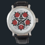Montre Pentagramme aux roses rouges<br><div class="desc">Pentagramme noir avec motif,  décoré de fleurs,  roses rouges avec feuilles sur arrière - plan blanc. Style tatouage.</div>