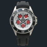 Montre Pentagramme aux roses rouges<br><div class="desc">Pentagramme noir avec motif,  décoré de fleurs,  roses rouges avec feuilles sur arrière - plan blanc. Style tatouage.</div>