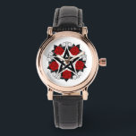 Montre Pentagramme aux roses rouges<br><div class="desc">Pentagramme noir avec motif,  décoré de fleurs,  roses rouges avec feuilles sur arrière - plan blanc. Style tatouage.</div>