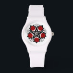 Montre Pentagramme aux roses rouges<br><div class="desc">Pentagramme noir avec motif,  décoré de fleurs,  roses rouges avec feuilles sur arrière - plan blanc. Style tatouage.</div>