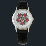 Montre Pentagramme aux roses rouges<br><div class="desc">Pentagramme noir avec motif,  décoré de fleurs,  roses rouges avec feuilles sur arrière - plan blanc. Style tatouage.</div>