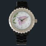 Montre *~* Peony Floral Aquarelle rose Lavande Populaire<br><div class="desc">* Une belle lavande et rose sur un arrière - plan blanc brillant. Ce design est une très jolie fleur de pivoine aquarelle impressionnante qui orne le visage de cette montre pour femmes. * La courroie est noire et est faite d'émail robuste et dur. Il y a des strass scintillants...</div>
