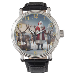 Montre Père Noël Posant Avec Ses Rennes,