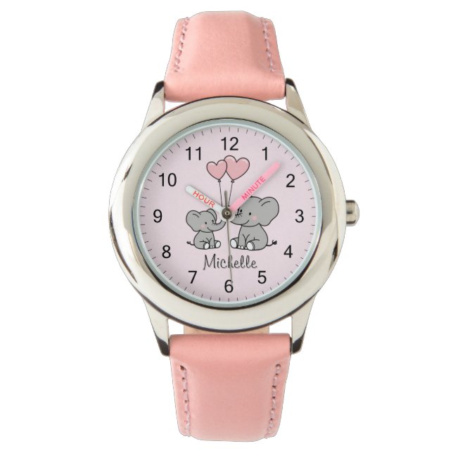 Montre Personalized name Cute Elephant Mom & Baby Pink    (devant)
