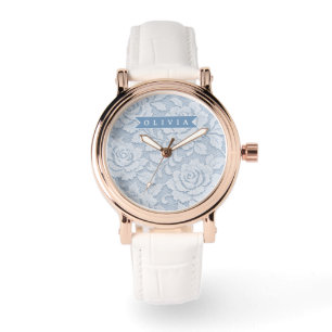 Montre Personnalisé Fleur de dentelle bleue Élégant Roman