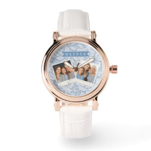 Montre Personnalisé Fleurs en dentelle bleue Élégant Roma