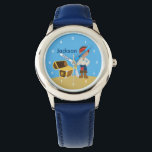 Montre Personnalisé Pirate Boy<br><div class="desc">Des enfants cool de pirates regardent une boucanère portant une épée à côté d'un coffre au trésor rempli d'or sur une plage avec un arrière - plan bleu ciel. Customisez la montre de bracelet de ce garçon cool avec le nom de votre enfant en blanc. Ahoy Matey !</div>