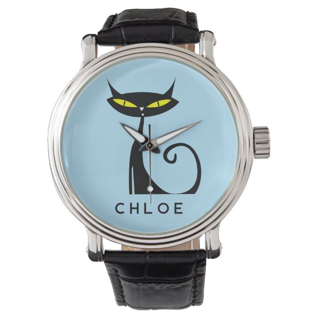 Montre Personnalisé Retro Mid Century moderne Chat noir a (devant)