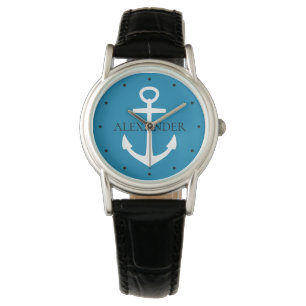 Montre Personnalisée Bleu Nautique et Ancre Blanch