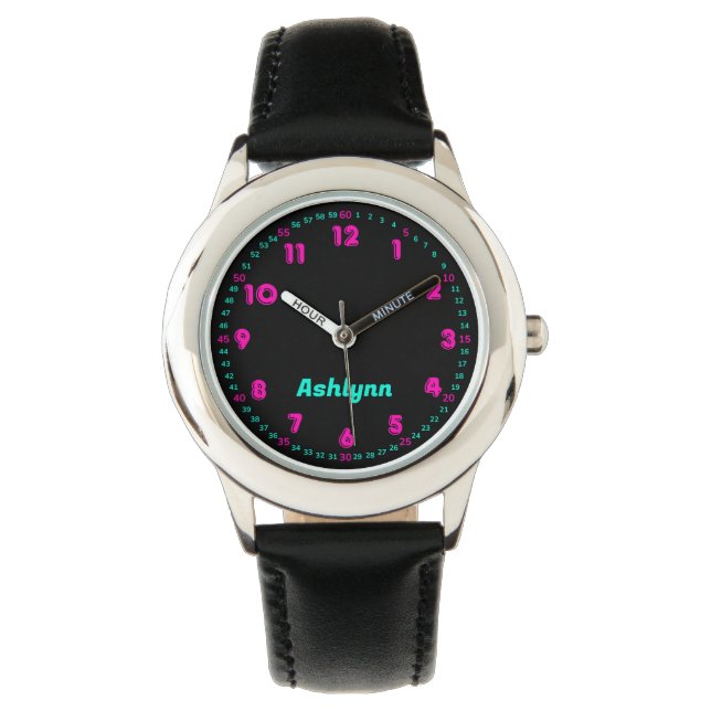 Montre personnalisée rose et turquoise pour appren (devant)
