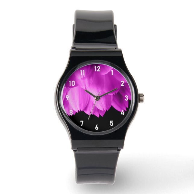 Montre Pétales de fleurs roses chaudes sur noir (Recto)