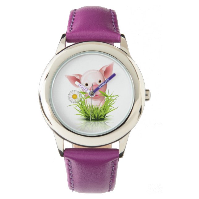 Montre Petit cochon rose dans l'herbe verte (devant)